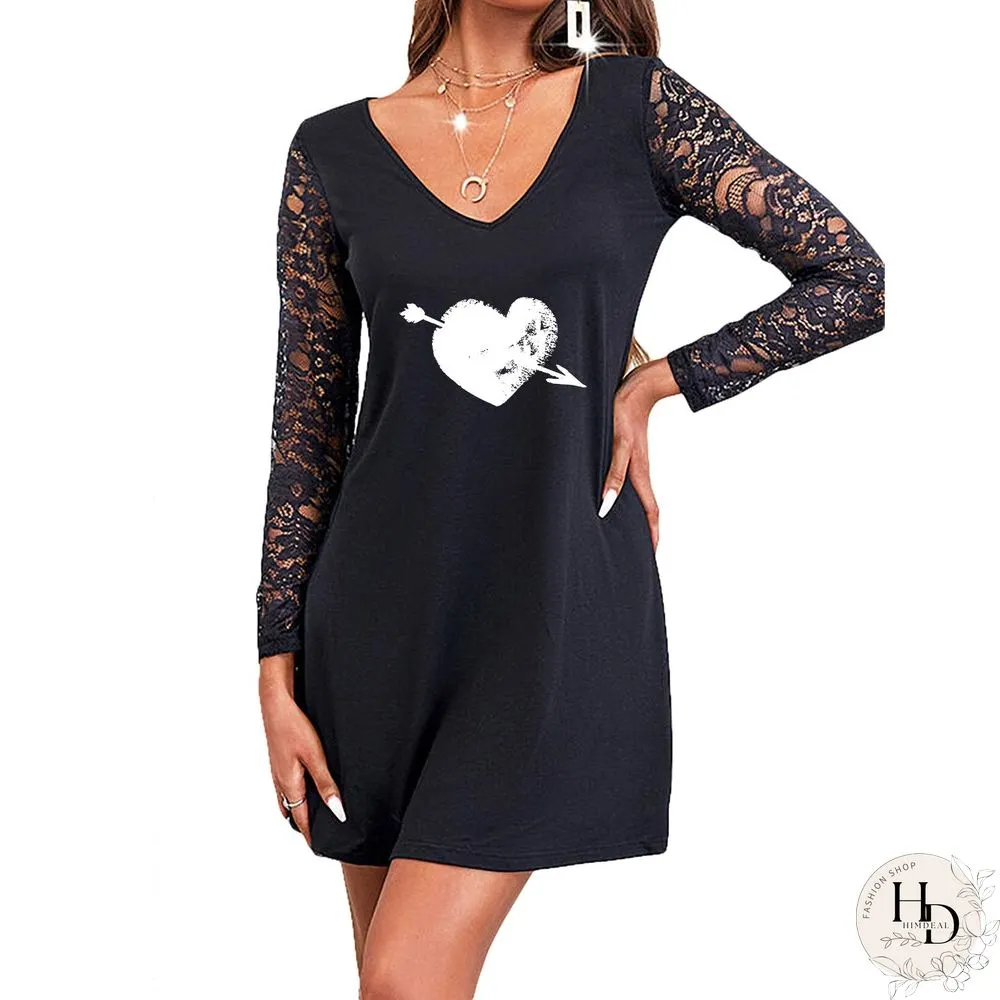 V Neck Three Heart Lace Sleeve Shift Dress
