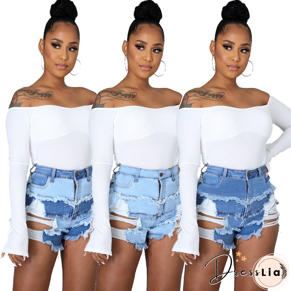 Summer Sexy Patchwork Women Ripped High Waist Holes Stretch Streetwear Plus Size Denim Shorts
