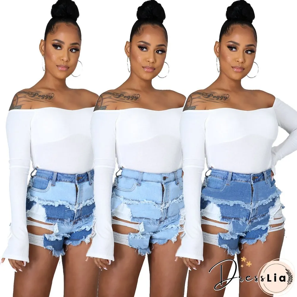 Summer Sexy Patchwork Women Ripped High Waist Holes Stretch Streetwear Plus Size Denim Shorts