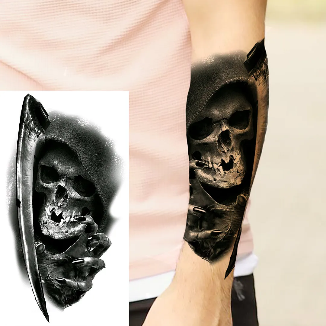 Sdrawing Skull Halloween Skeleton Temporary Tattoo For Men Adults Realistic Lion Tiger Wolf Scary Fake Tattoo Sticker Forearm Tatoo