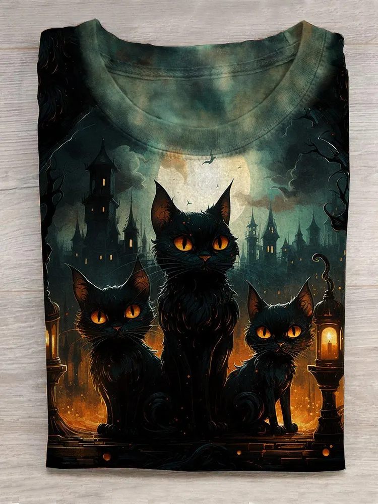 Unisex Halloween Cat Print Casual T-Shirt