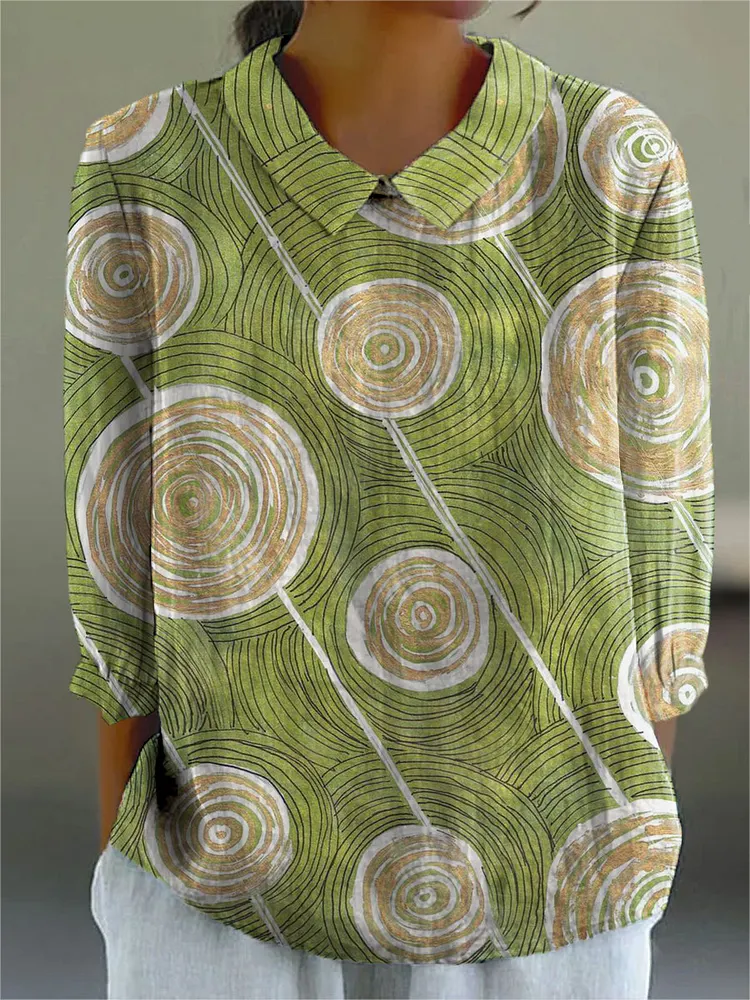 Women's Retro Abstract Circle Pattern Art Print Casual Cotton And Linen 3/4 Sleeve Shirt