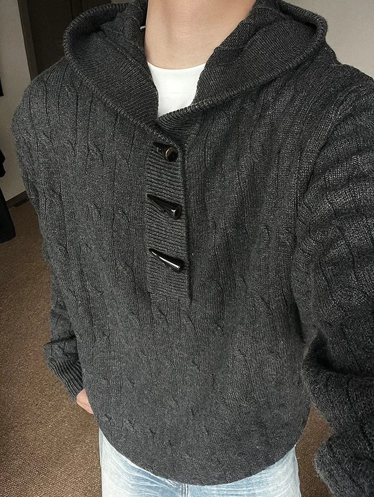 Men's Hooded Cable Knit Sweater Cozy Winter Pullover with Toggle Buttons