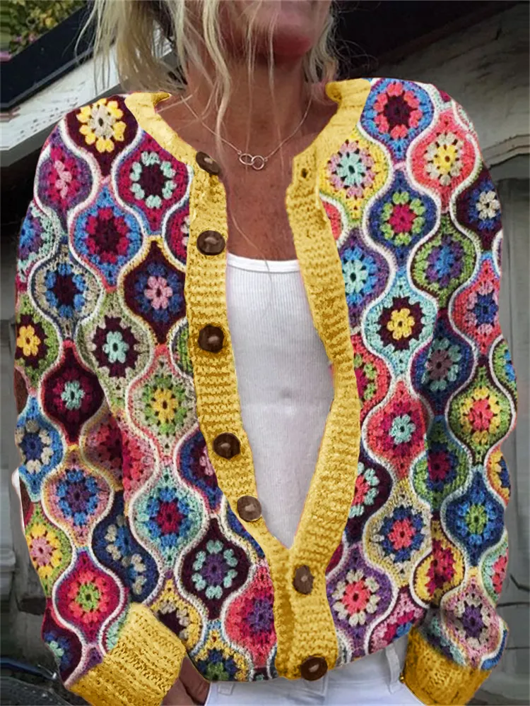 Boho Ethnic Colorful Floral Crochet Cozy Cardigan