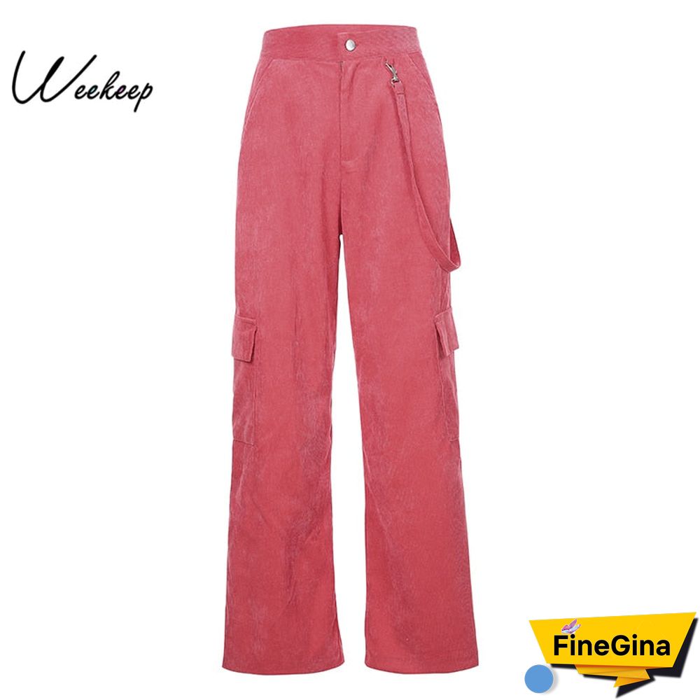 Weekeep Women Casual Pockets Patchwork Cargo Pants High Waist Straight Trousers Women Pants