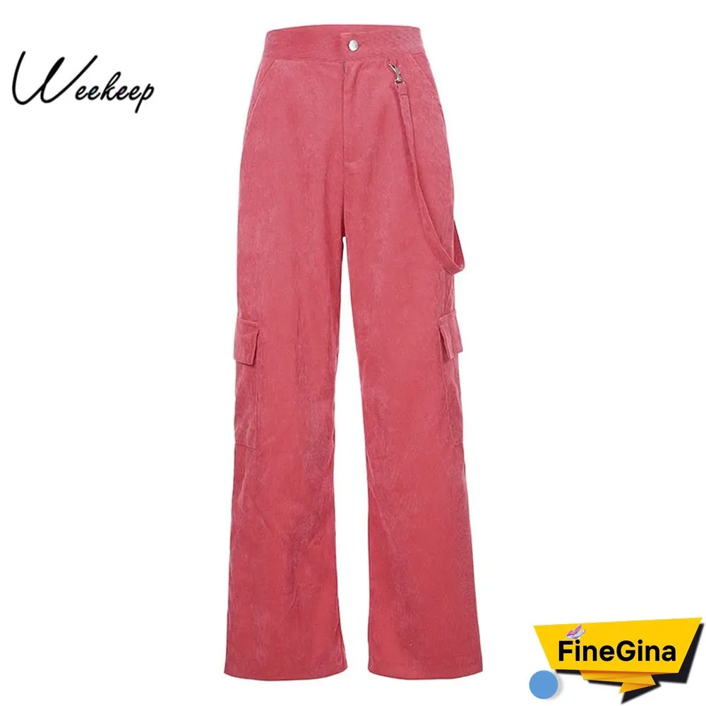 Weekeep Women Casual Pockets Patchwork Cargo Pants High Waist Straight Trousers Women Pants