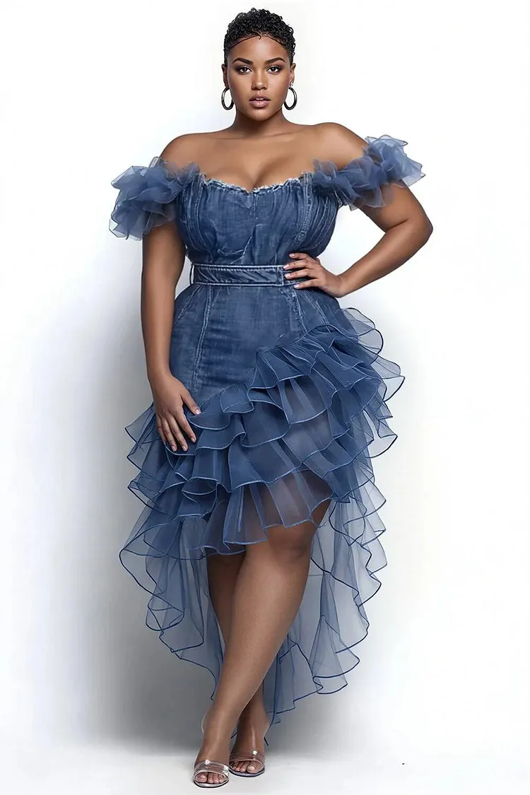 Xpluswear Design Plus Size Party Blue Off The Shoulder Contrast Split Tencel Denim Midi Dresses 2024 - Xpluswear