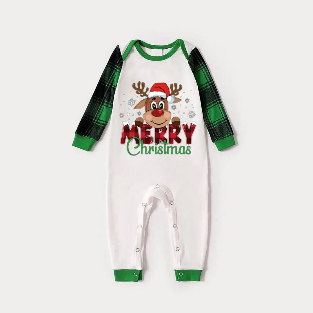 Merry Christmas and Deer Print Long Sleeve Top With Green & Black Plaid Christmas Family Matching Pajamas