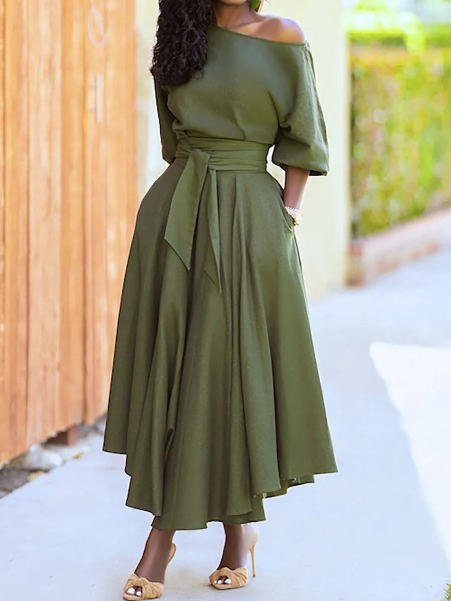 Brownm Collar Lace-up Waist-controlled Temperament Pure Color Dresses