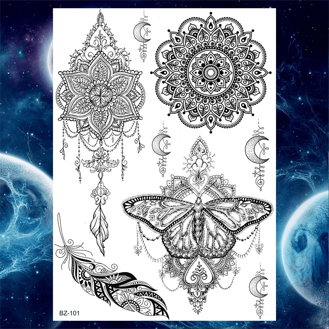 Sexy Black Henna Temporary Tattoos For Women Girls Lotus Flower Lace Tattoo Sticker Fake Jewelry Mandala Body Chest Tatoos Paper