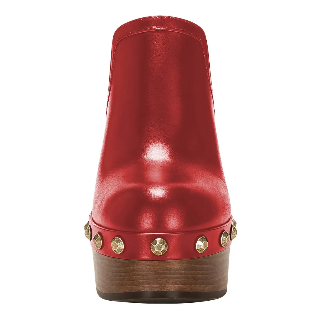 Red Round Toe Platform Chunky High Heel Studded Women's Mules Shoes