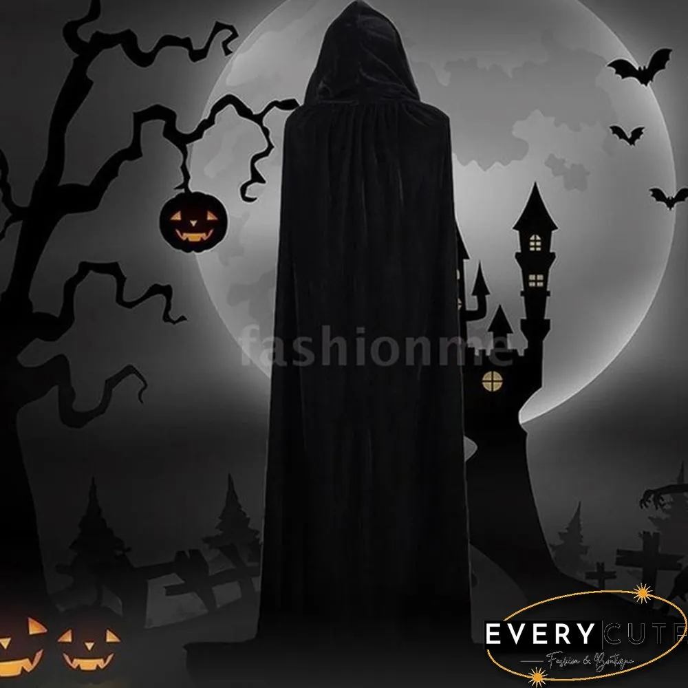 Adult Hooded Cloak Long Velvet Cape Robe Green Black Red Halloween Carnival Purim Coats Medieval Witch Wicca Vampire Costume