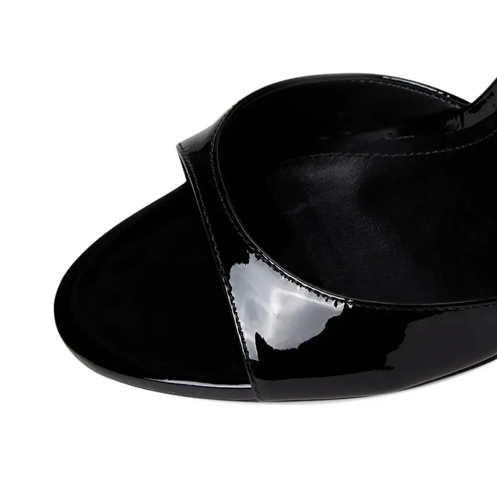 Black Patent Leather Round Toe Ankle Strap Buckle High Heels Sandals