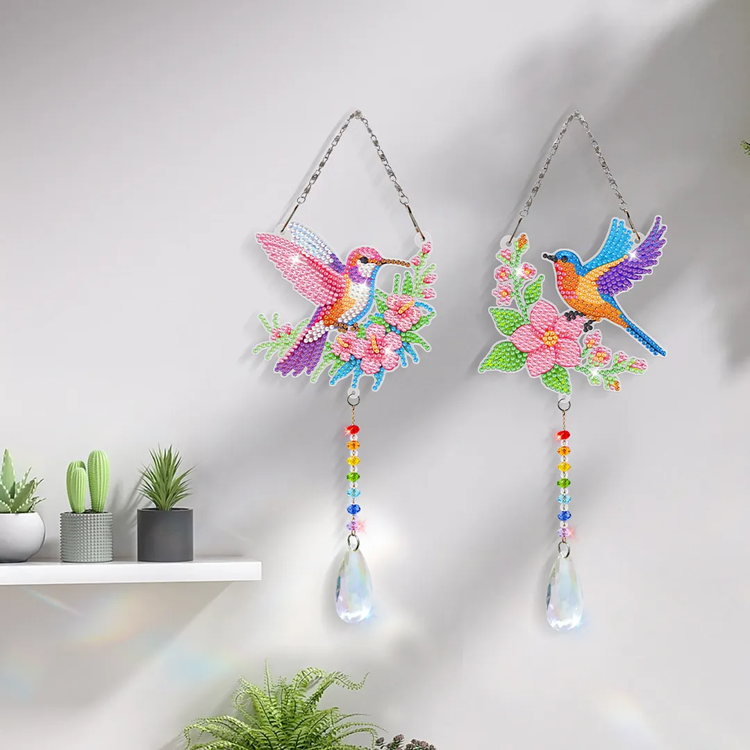 2Pcs Flowers and Hummingbirds DIY Double-Sided Diamond Painting Hanging Kits Diamond Painting Suncatcher Craft Kit for Home Garden Wall Decor Gift