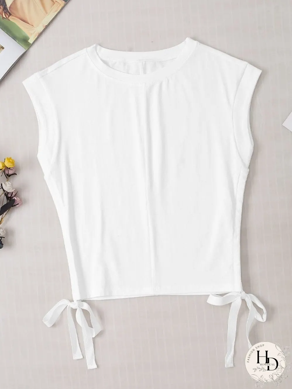 White Drawstring Side Short Sleeve Crew Neck Tee