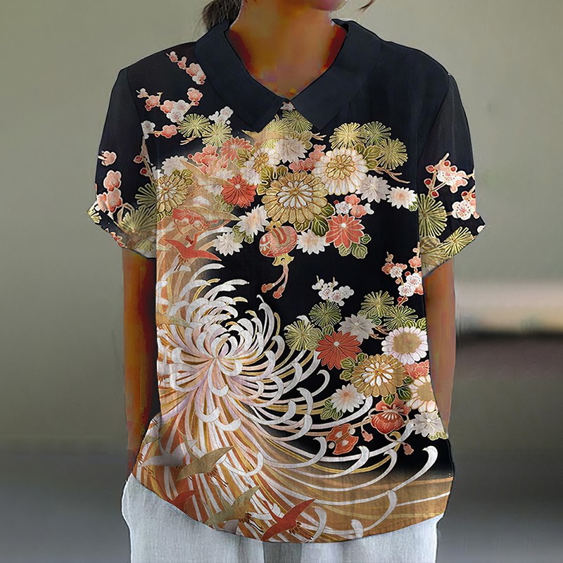 Japanese Art Chrysanthemum Print Lapel Loose Blouse artswardrobe