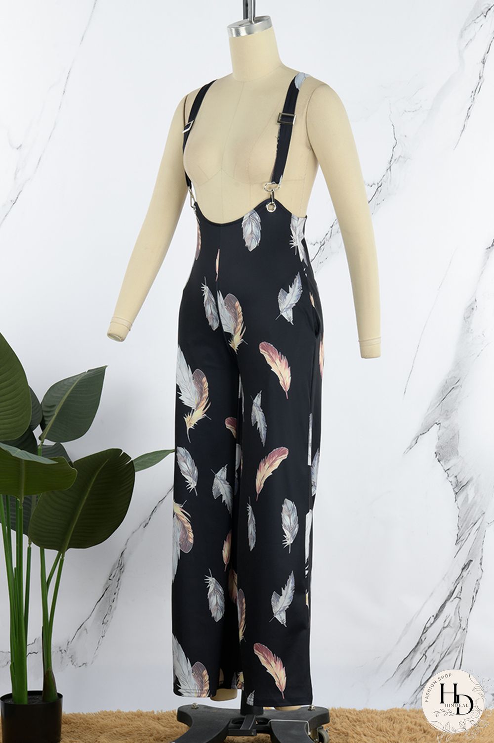 Blue Casual Print Patchwork Spaghetti Strap Regular Jumpsuits (Without Shirt)