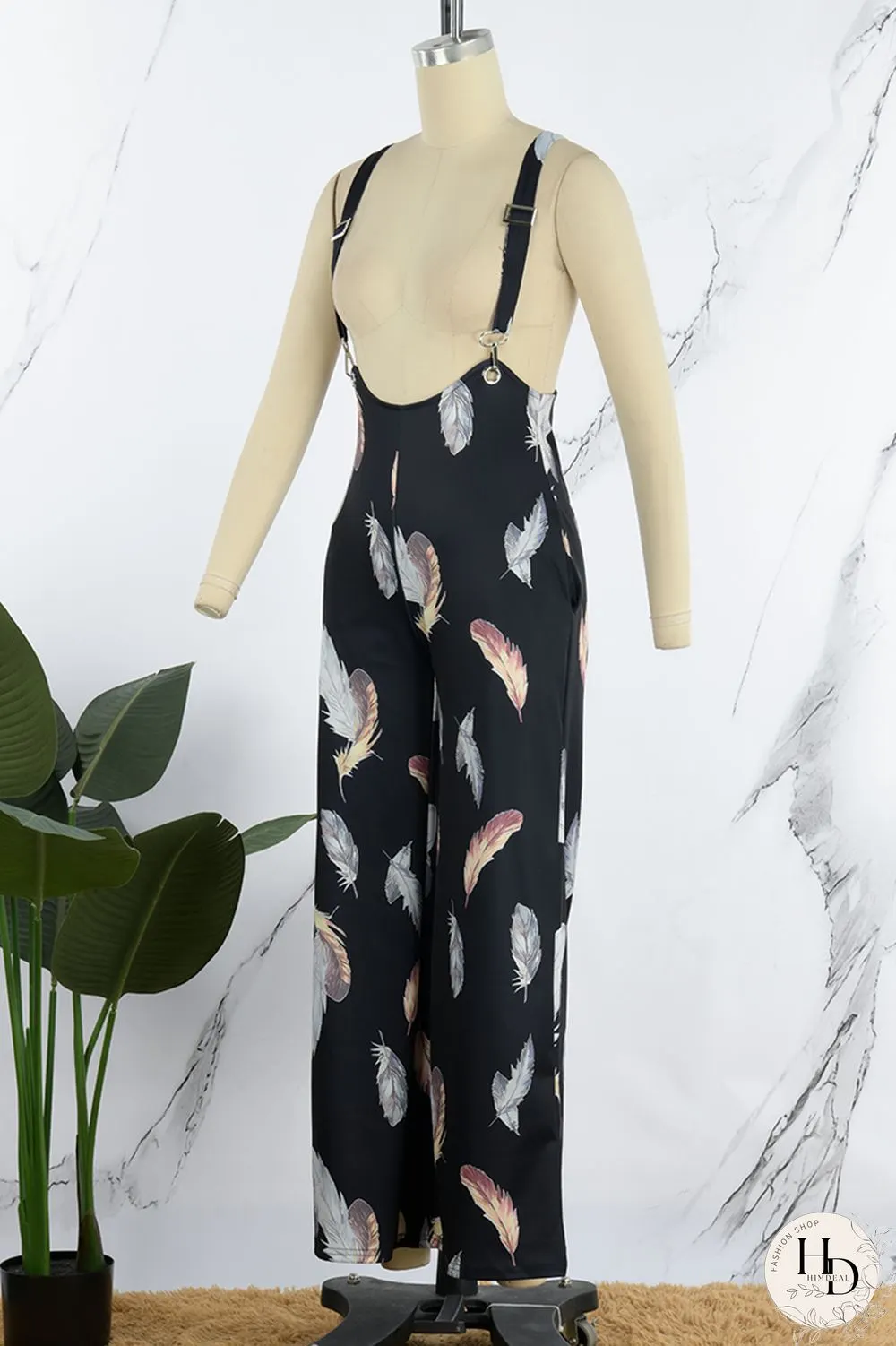 Blue Casual Print Patchwork Spaghetti Strap Regular Jumpsuits (Without Shirt)
