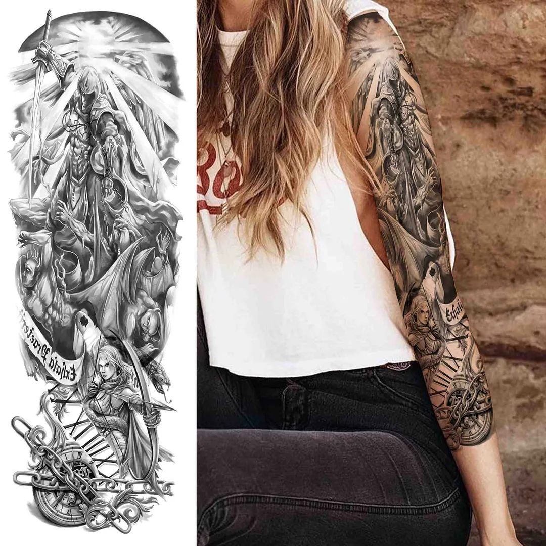 Tribal Totem Temporary Tattoo Sleeve For Men Women Adult Fake Flower Shoulder Tatoos Sticker Black Skull Tattoos Big Full Arm 1001 515