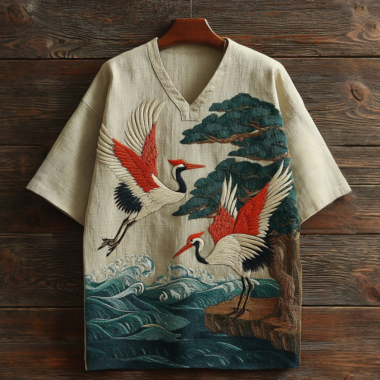 Men's Japanese Crane Embroidery Art V-neck Linen T-shirt