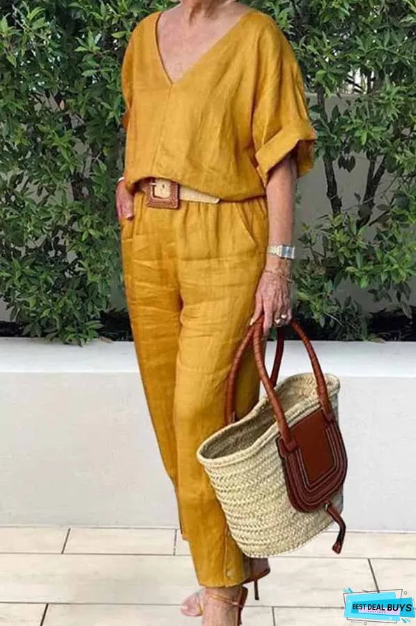 Casual Elegant Solid V Neck Short Sleeve Two Pieces