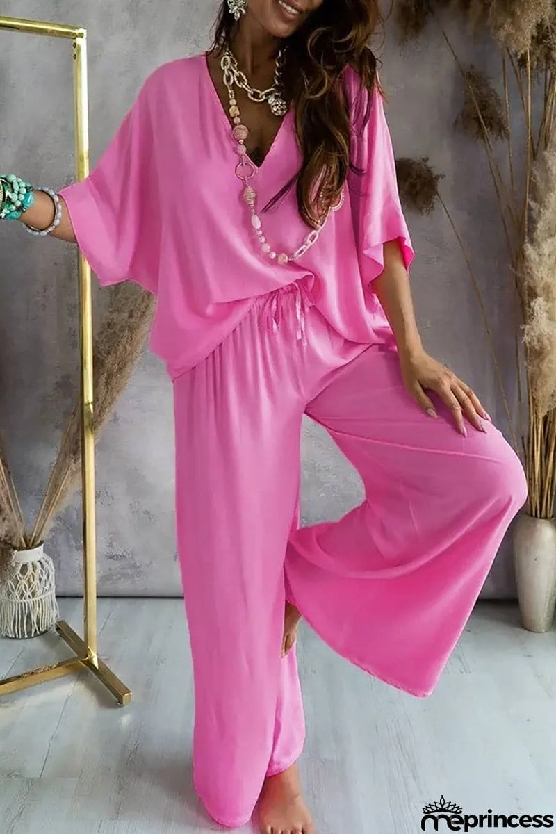 V Neck Bat Blouse Pants Set