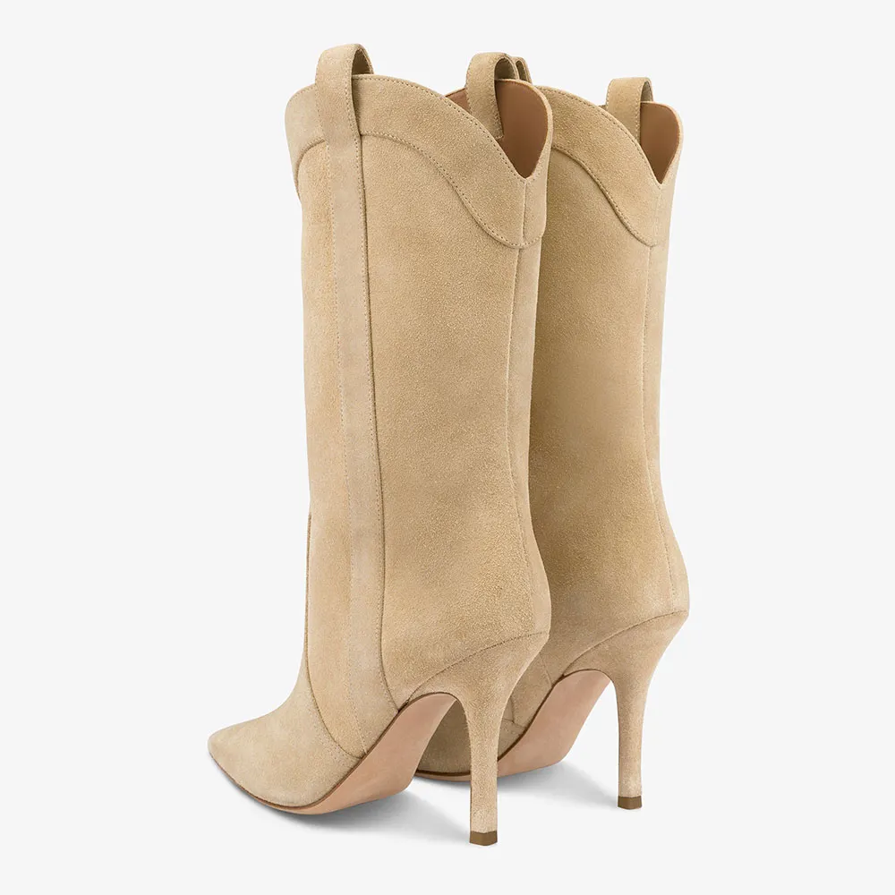Khaki Vegan Suede Pointed Toe Stiletto Heel Western Boots for Women