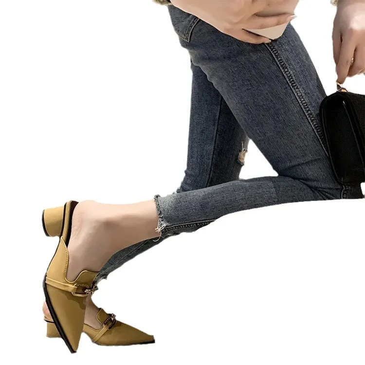 Churchf Churchf Cool Slippers Female Summer New French Chain Fashion With A Thick Heel Head Half Slippers High Heel Muller Shoes