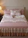 3pcs Retro Ice Silk Bed Skirt Set with Ruffle Wedding Bedspread Mattress Cover with 2 Pillowcases Machine Washable Elegant Home Decoration