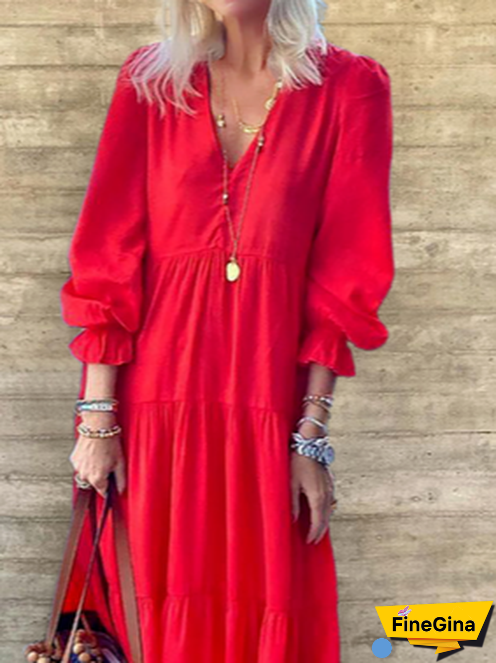 Plus size V Neck Plain Casual Dresses