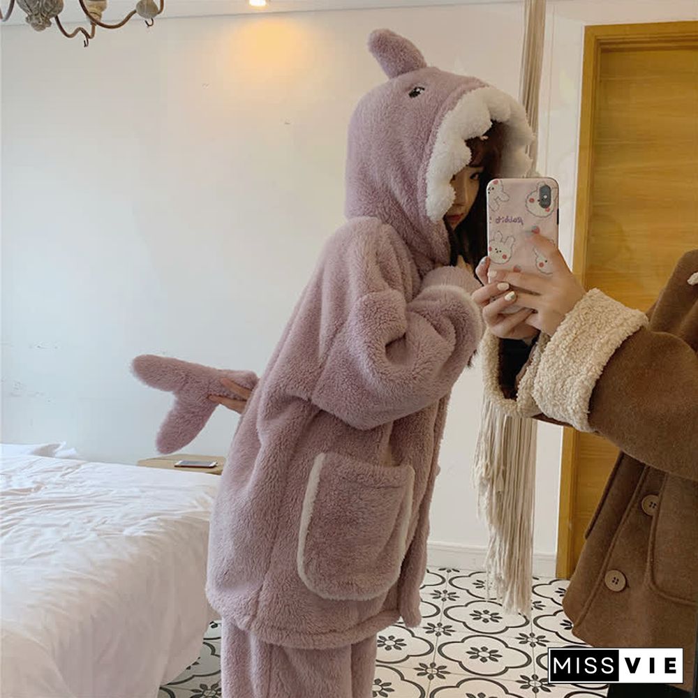 Lovely Cartoon Shark Plush Hooded Pajamas Set