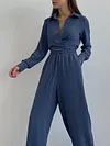 Simple Blouses Top&Wide Leg Pants Solid Color Casual Suit