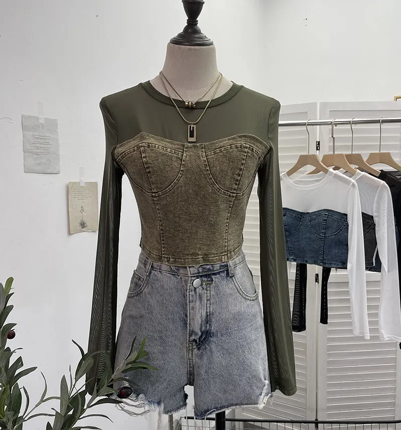 Churchf Fashion Fake Two Denim Splicing Mesh Long Sleeve Top Short Open Umbilion T-Shirt 2623