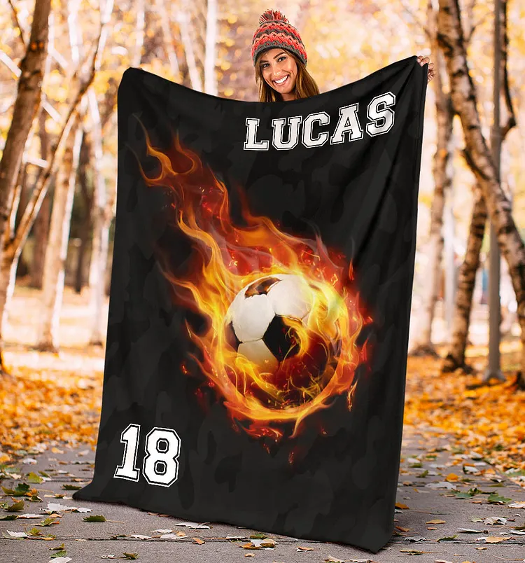 Personalized Soccer Blanket, Soccer Fireballs Effect Sherpa Fleece Blanket | BKKid533