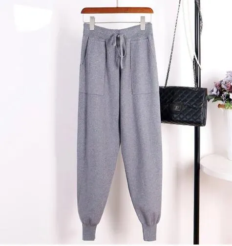 Women Elastic Waist Drawstring Trousers Thick Knitted Harem Pants Autumn Winter Sport swear Women'S Pants New Bottoms
