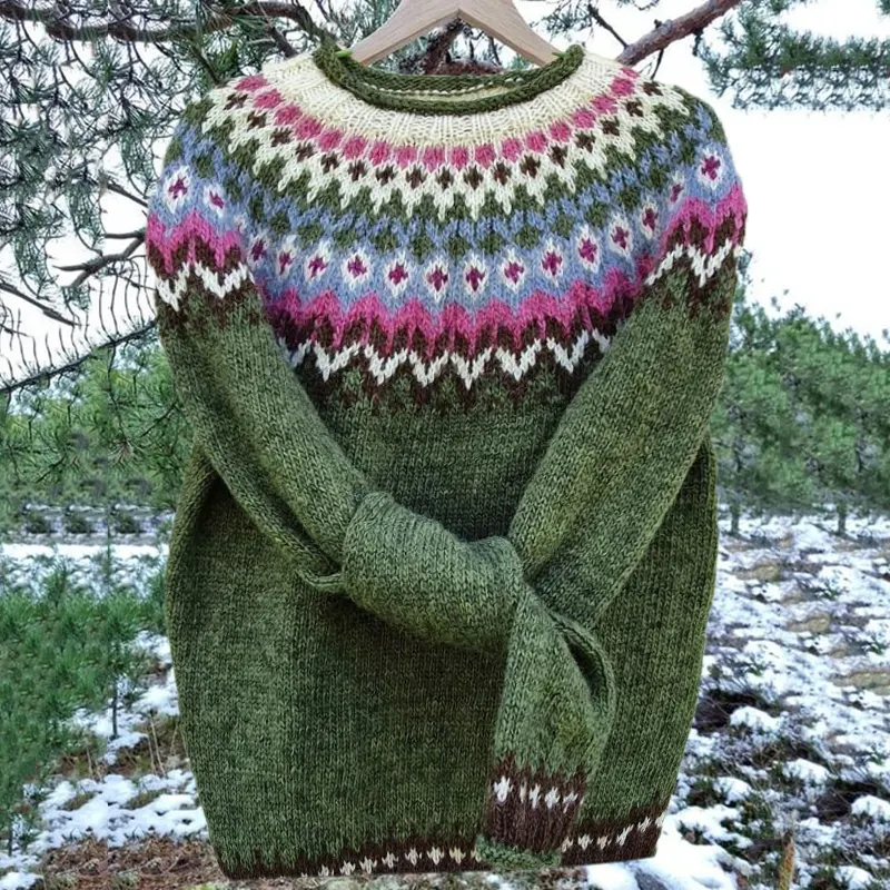 Vintage Icelandic Green Knit Jacquard Warmth Crew Neck Sweater（Unisex）