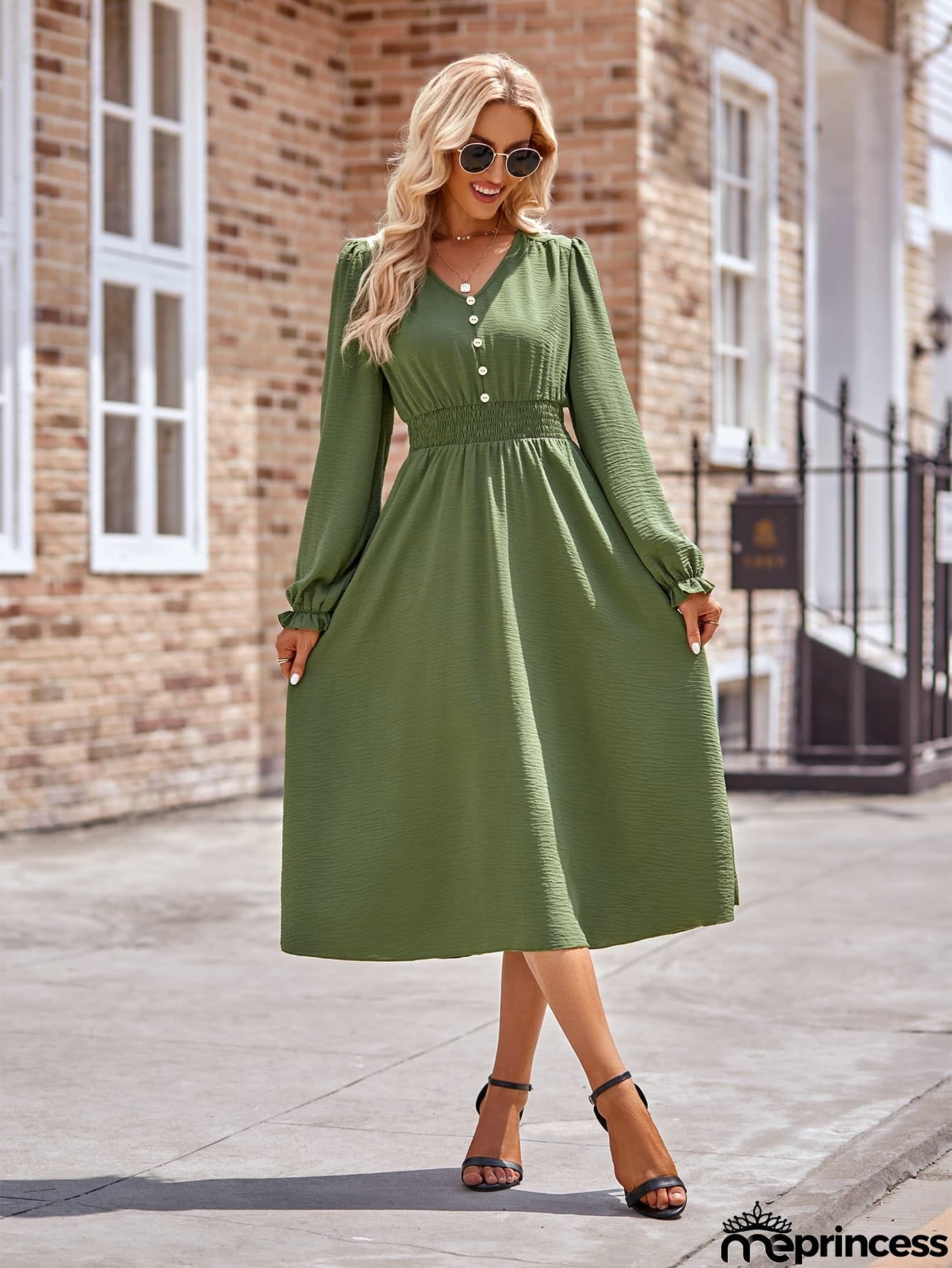 Buttoned V-Neck Flounce Sleeve Midi Dress