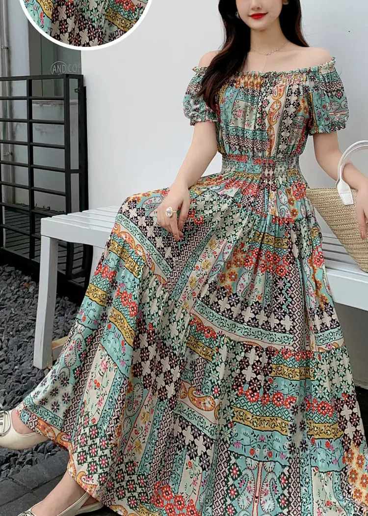 Women's floral dress, travel beach dress, printed short-sleeved one-line collar, Maxi Dress