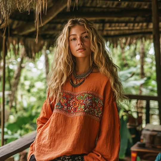 Retro Bohemian Art Embroidery Print Cotton And Linen Blend Loose Blouse elevenforest
