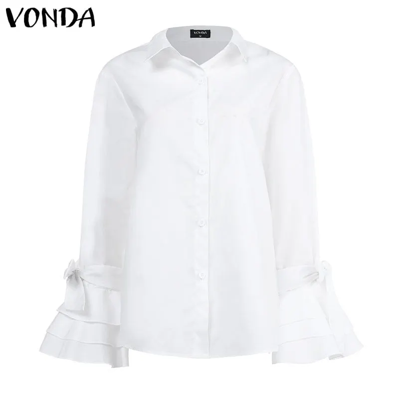 Elegant Women Shirts 2022 VONDA Ladies Office Blouse Casual Solid Tops Turn-down Collar Long Sleeve Party Tops  Blusas