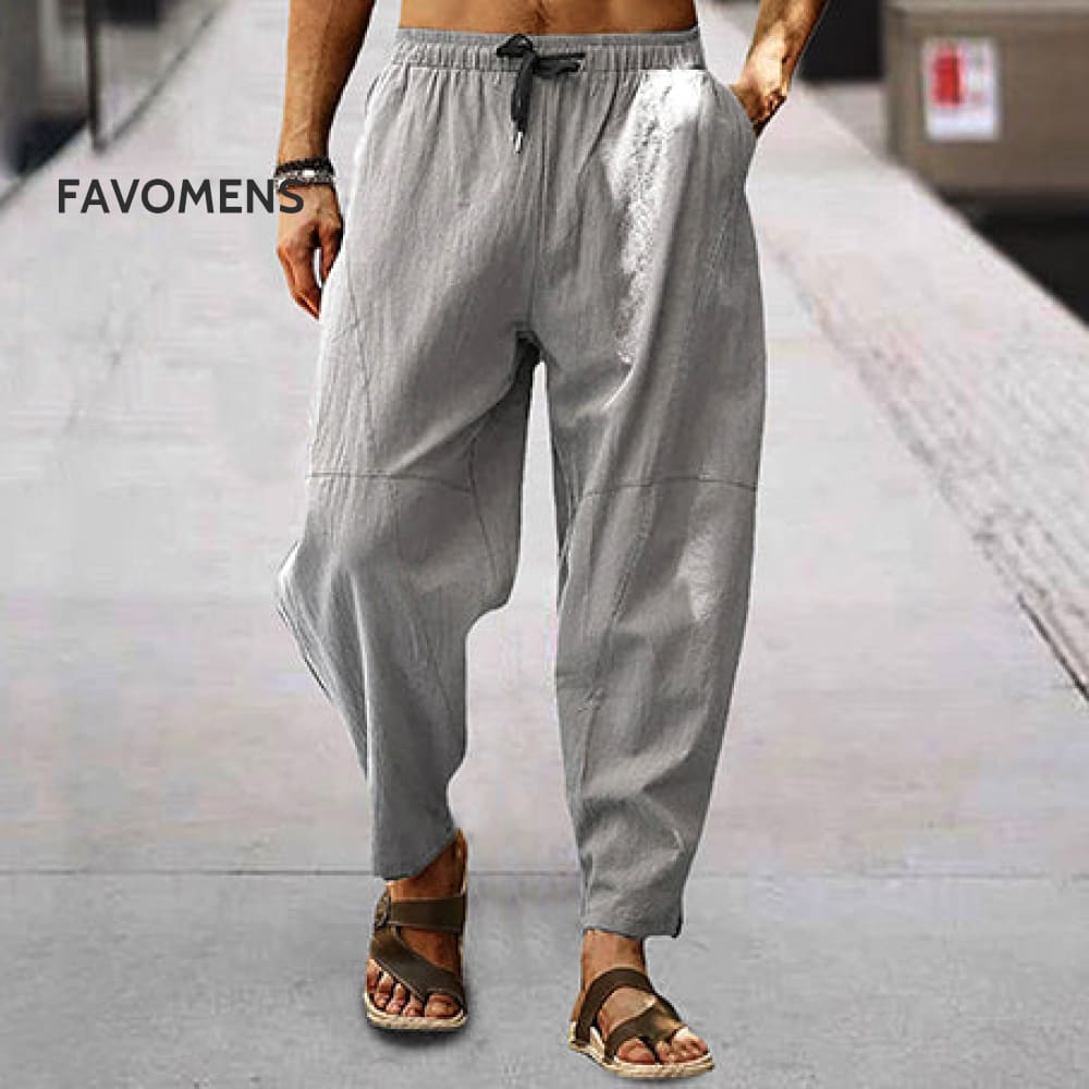 Men&rsquo;s Linen Loose Drawstring Hip-Hop Lantern Pencil Pants Gray / M