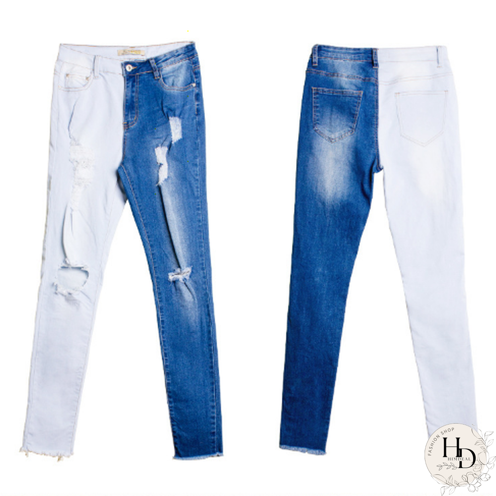 Fashion-Spring And Summer Hot Selling Small Leg Pants Broken Holes Stretch Slim Body Patchwork Color Pencil Pants Woman