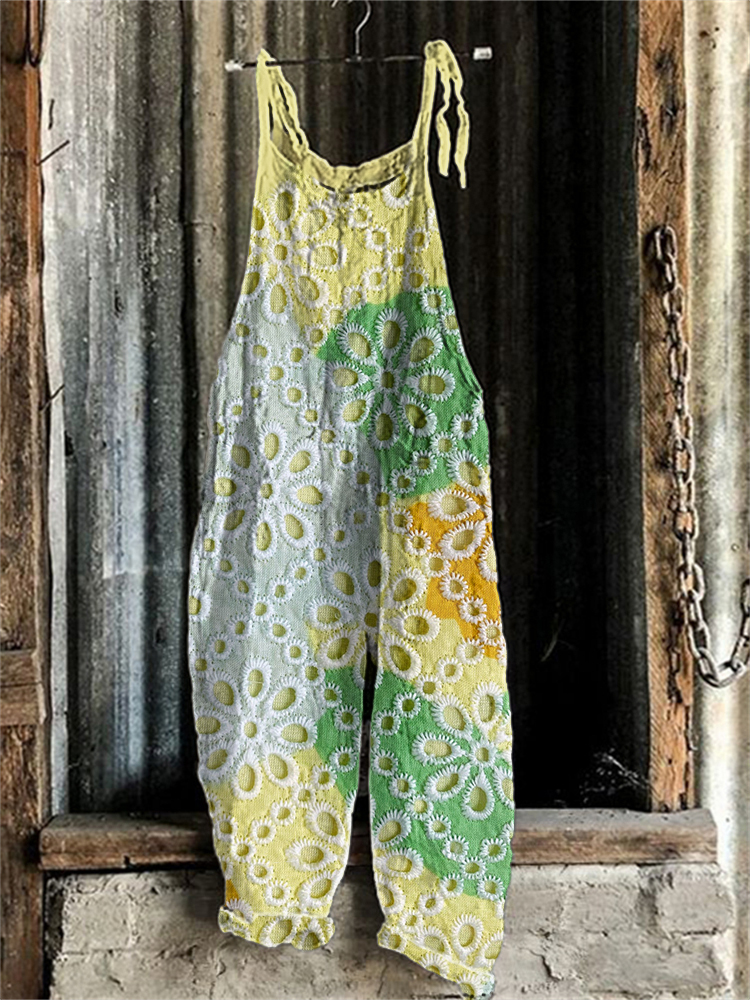 Floral Hollow Art Lace Splicing Linen Blend Casual Jumpsuit