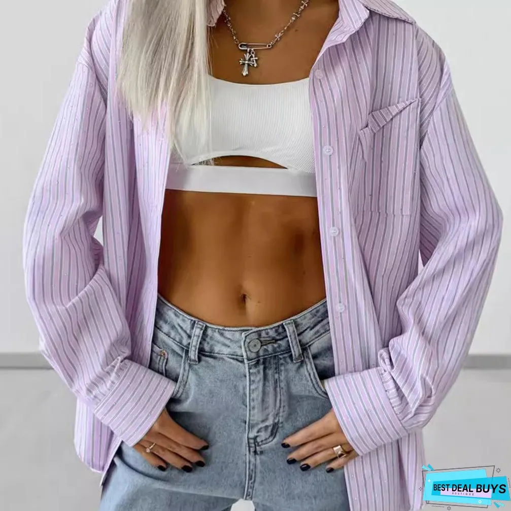 Diamond-embedded Fashion Striped Long Sleeves Shirt