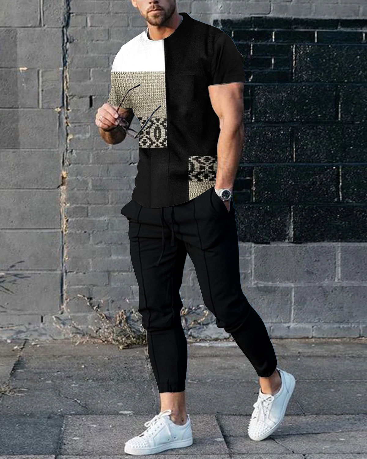Men's Stripe Color Block Stitching Causal T-Shirt And Pants