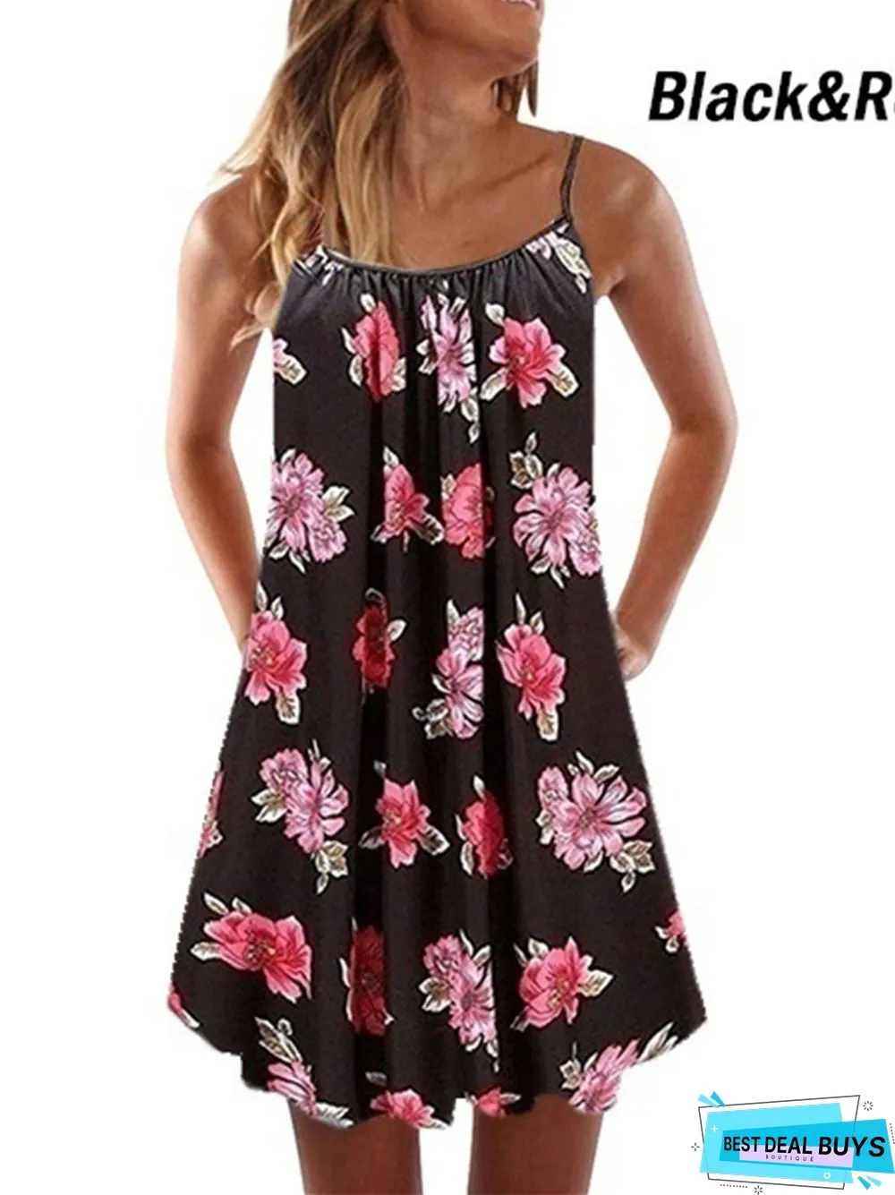 Printed Pleated Large Hem Loose Suspender Dress Black Dresses