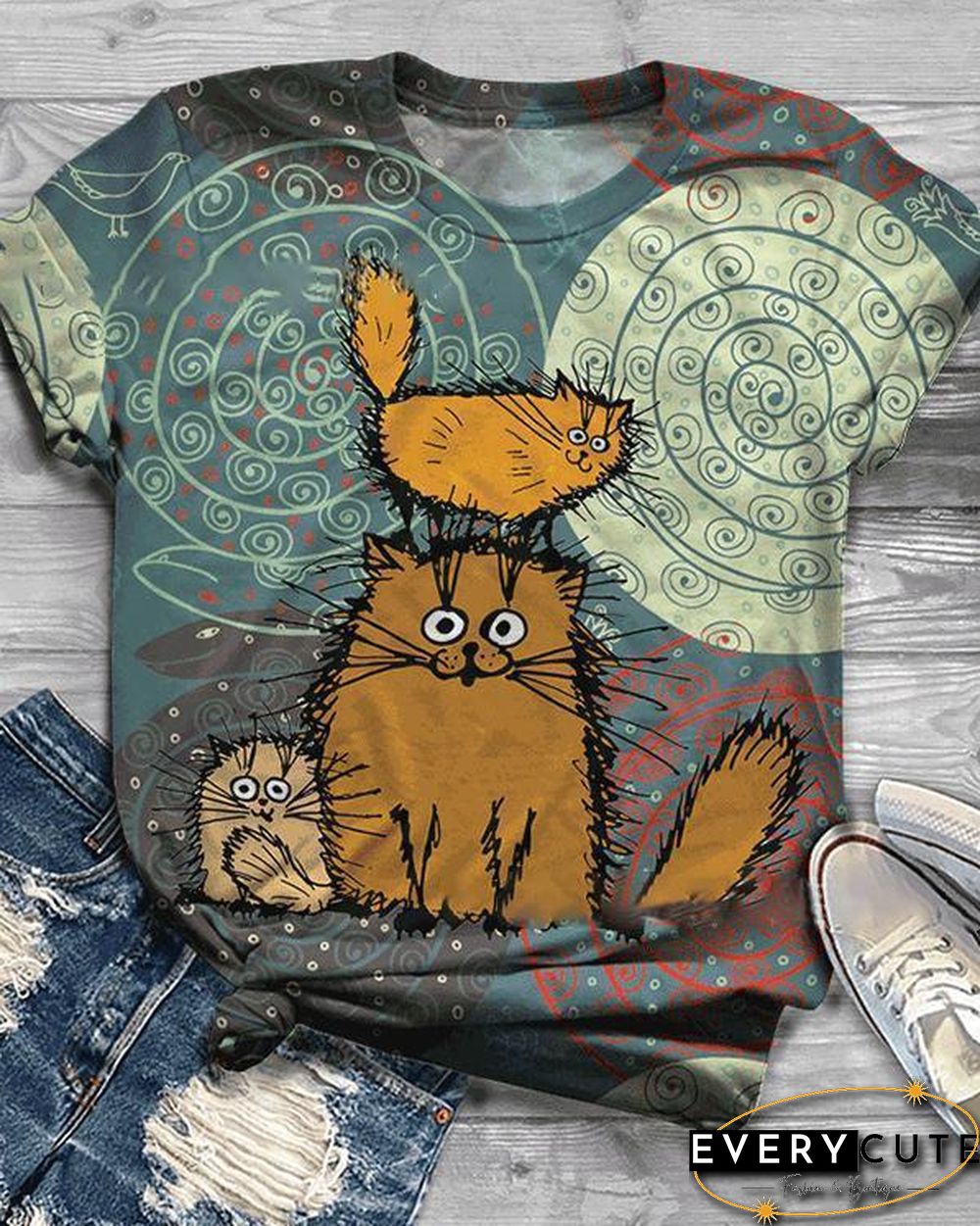 Plus Size Animal Printed Short Sleeve Crew Neck Casual Shirts & Tops