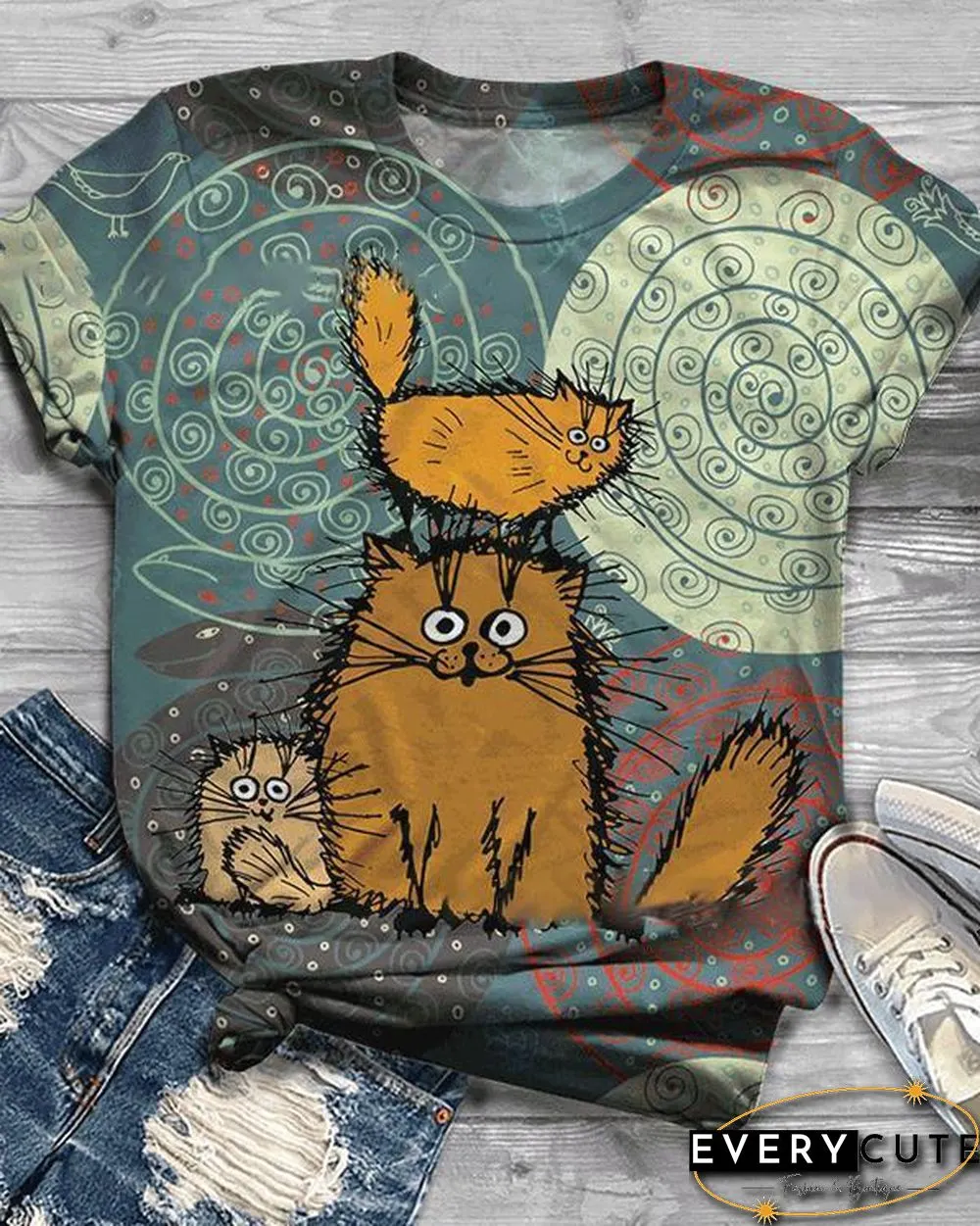 Plus Size Animal Printed Short Sleeve Crew Neck Casual Shirts & Tops
