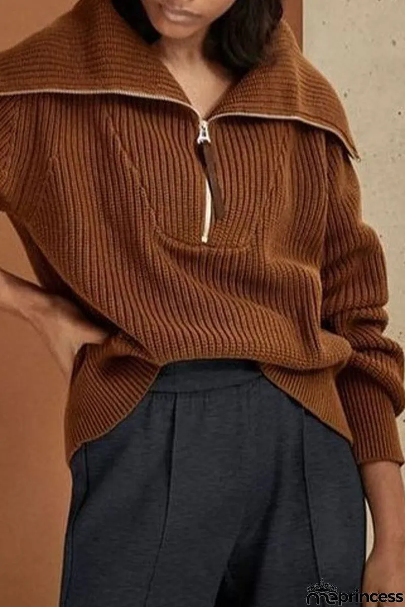 Elegant Solid Zipper Turndown Collar Tops