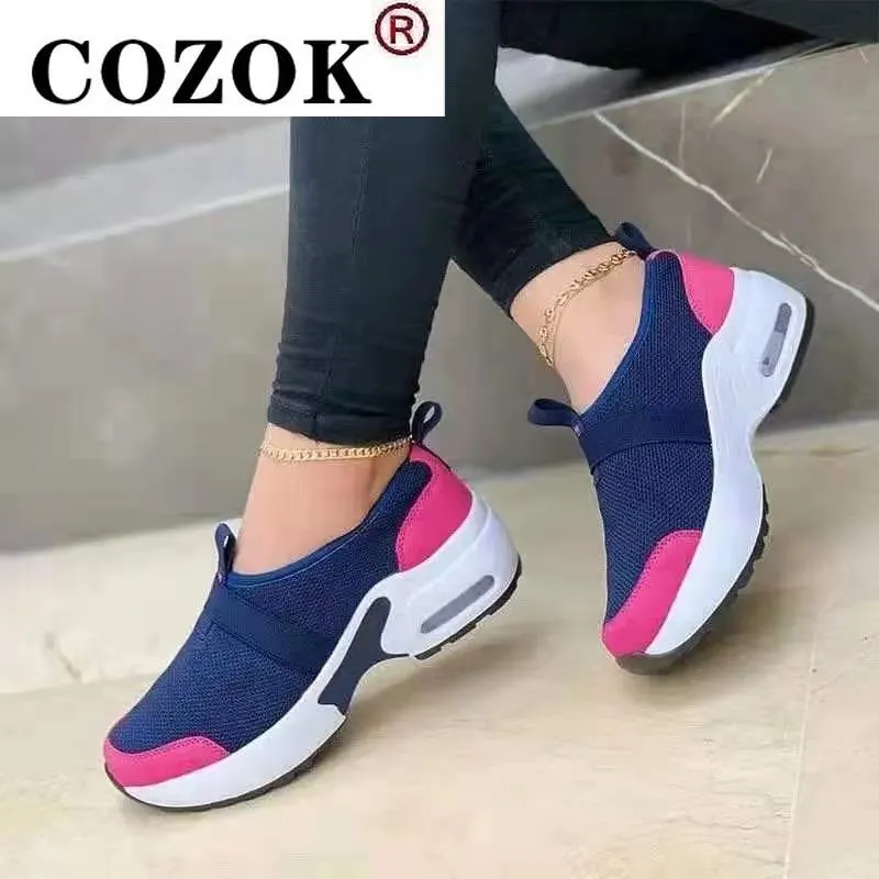 Women's Casual Shoes Solid Color Knitted Mesh Air Cushion Sneakers Comfortable and Lightweight Outdoor Non-slip Running Shoes